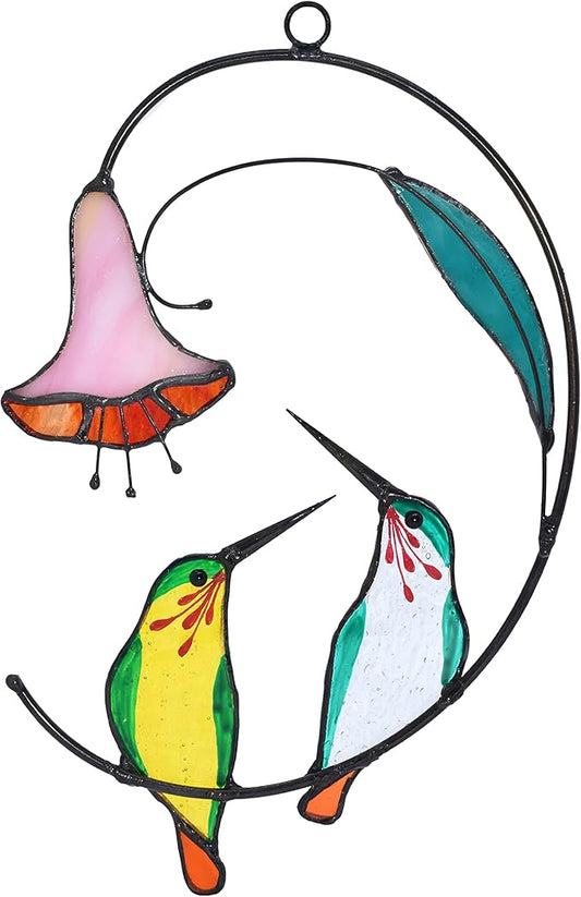 Lolitarcrafts Hummingbird with Flower Stained Glass Suncatcher Bird Stained Glass Window Hangings Hummingbird Gift for Home Decor (Green 1 Pair)