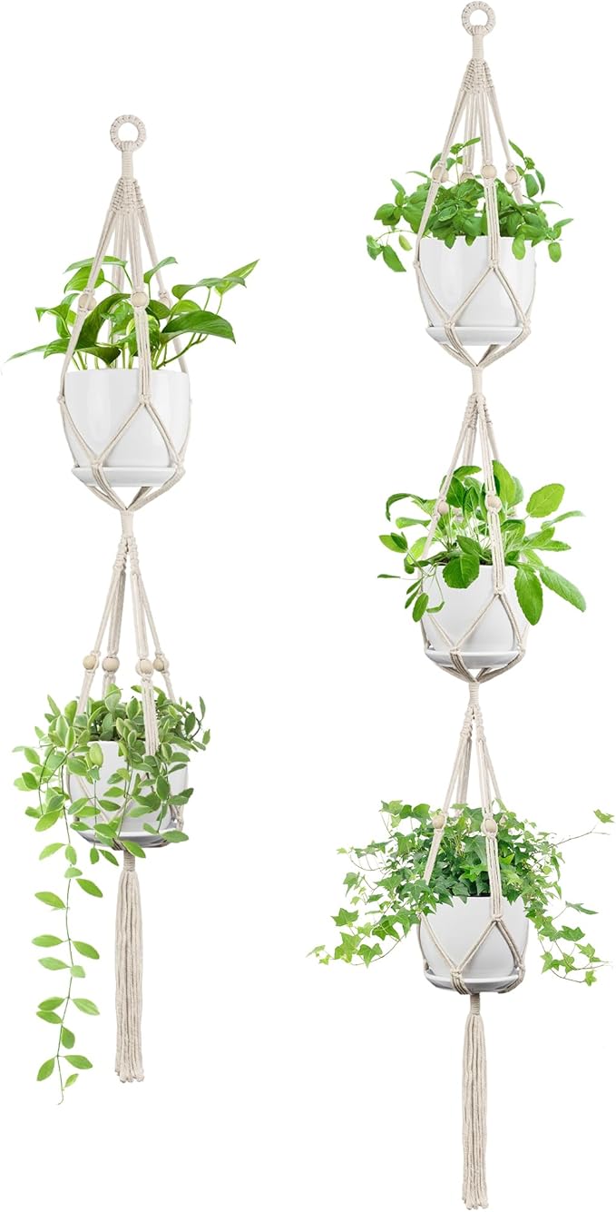 2 Pack Macrame Plant Hanger (49"&72"), Fits 4-8" Pots, 2 Tier+3 Tier Indoor Outdoor Hanging Planter Basket Flower Pot Holder, Boho Home Decor, Ivory (POTS NOT Included)