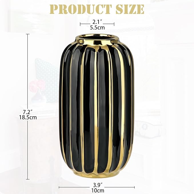 Briful Gold Plated Lantern Ceramic Vase Home Decor Creative Design Porcelain Decorative Flower Vase 8.66'' Black Ceramic Vases for Wedding Anniversary Decoration
