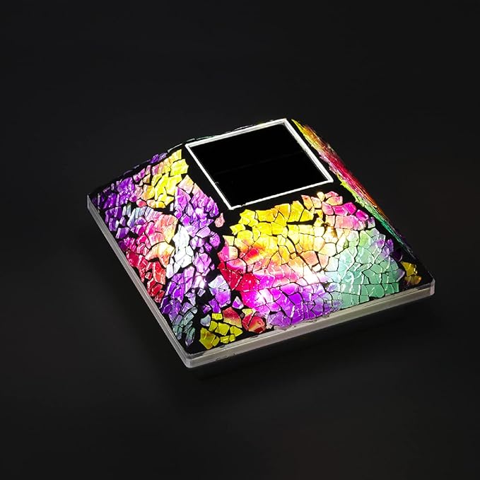 2PK Mosaic Solar Post Cap Lights Outdoor for 4x4, 3.5x3.5 Post Crackled Glass Deck Fence Lamp Weatherproof LED Light Decor in Garden, Yard, Outdoor Table, Balcony, Landscape- Multi-Colored