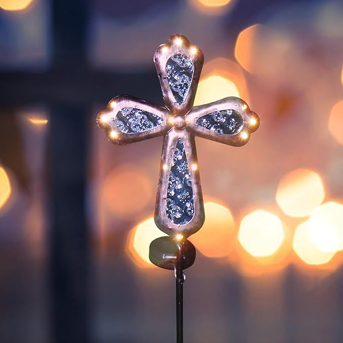 KAIXOXIN Solar Power Cross Stake Warm White Color Florals Solar Lights Garden Decor Memorial Gift Cemetery Decoration LED Outdoor Landscape Light