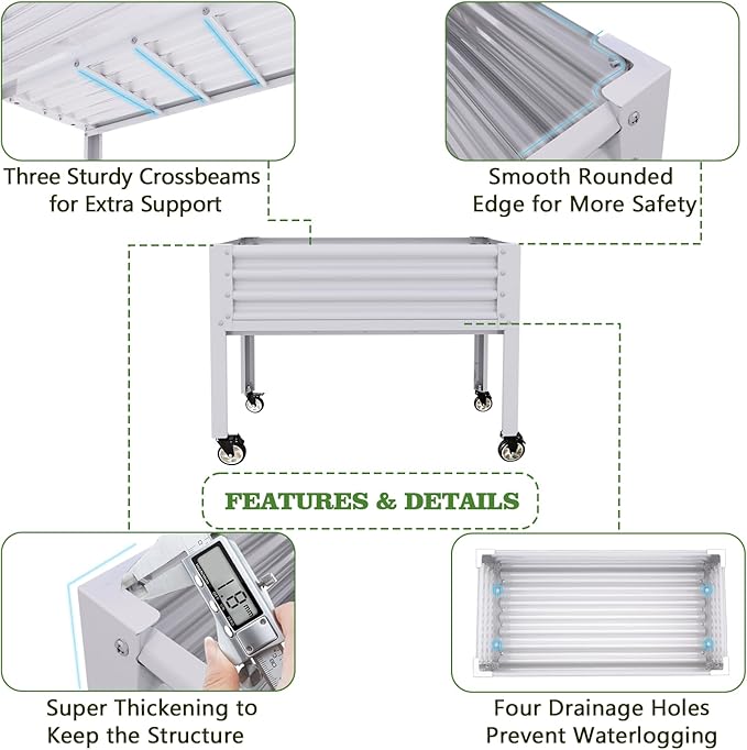 A ANLEOLIFE 3-Set Galvanized Raised Garden Bed with Legs,48x24x35in Large Elevated Planter Box on Wheels with Drainage Holes for Backyard, Balcony, Patio, 600lb Capacity, Antique White