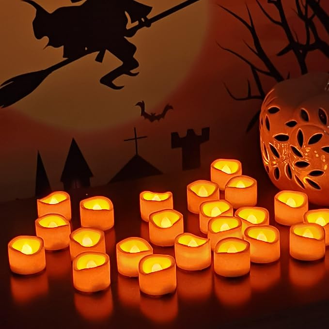 CANDLE CHOICE Battery Operated Flameless Tea Lights Orange Flickering LED Electric Fake Votive Tealight Candles Halloween Pumpkin Thanksgiving Christmas Decorations Centerpieces 24 Pack Batteries Incl