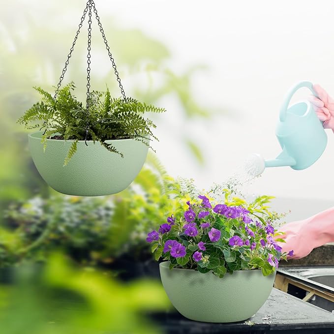 13 inch Large Hanging Planters Plant Pots for Outdoor Indoor Plants with Drainage Holes and Chain, 2 Pack Round Hanging Flower Pots for Garden Home Porch Decor, Green