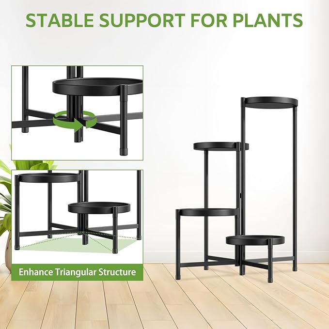 iDavosic.ly 4 Tier Large Plant Stand Indoor with 10 Inch Wide Tray, Tiered Corner Metal Outdoor Flower Display Holder Shelf, Folding Tall Rack for Patio Porch Living Room, Modern Black