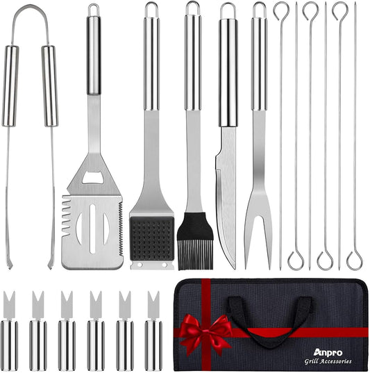 Anpro Grilling Accessories Grill Kit- Grill Set, Grilling Utensil Set, BBQ Accessories, BBQ Kit, BBQ Grill Tools, Grilling Gifts for Father's Day, Smoker, Camping, Kitchen,21 PCS-Standard Silver