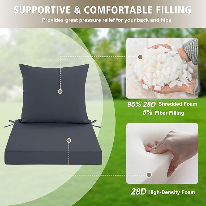 24x24 Inch Outdoor Cushions for Patio Furniture, Waterproof Outdoor Chair Cushions w/Fade-Resistant, Removable & Machine-Washable Covers, Deep Seat Sofa/Couch Pads Replacement – Set of 4, Dark Grey