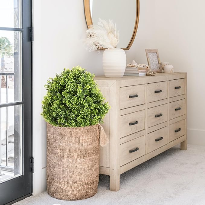 27“ Realistic Artificial Boxwood Topiary Trees Set of 2, Faux Boxwood Plants Outdoor UV-Resistant, No Maintenance Curb Appeal Fake Evergreen Bushes & Shrubs for Front Porch Outside Planter Decor