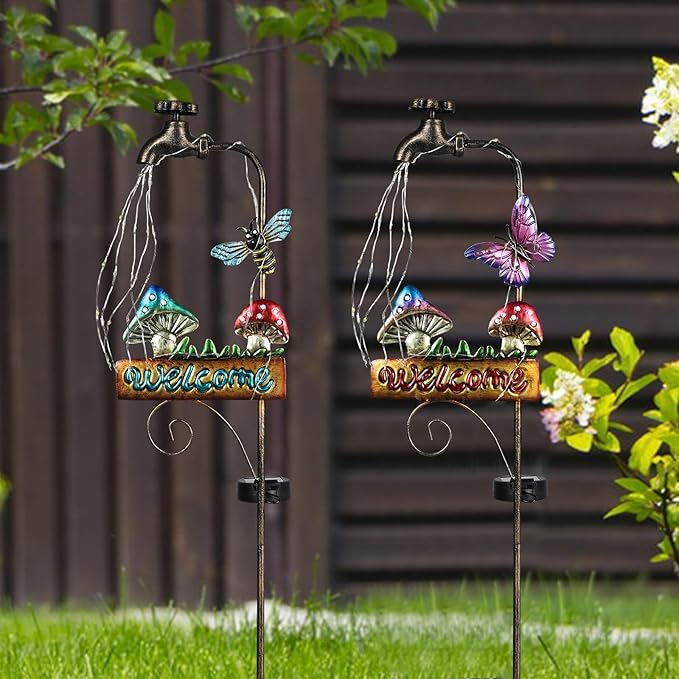 2 Pack 'Welcome' Mushroom & Butterfly Solar Yard Lights - Outdoor Solar Lights for Yard Decorative, Garden Decor Lawn Ornaments, Unique Decorative Garden Stakes for Pathways