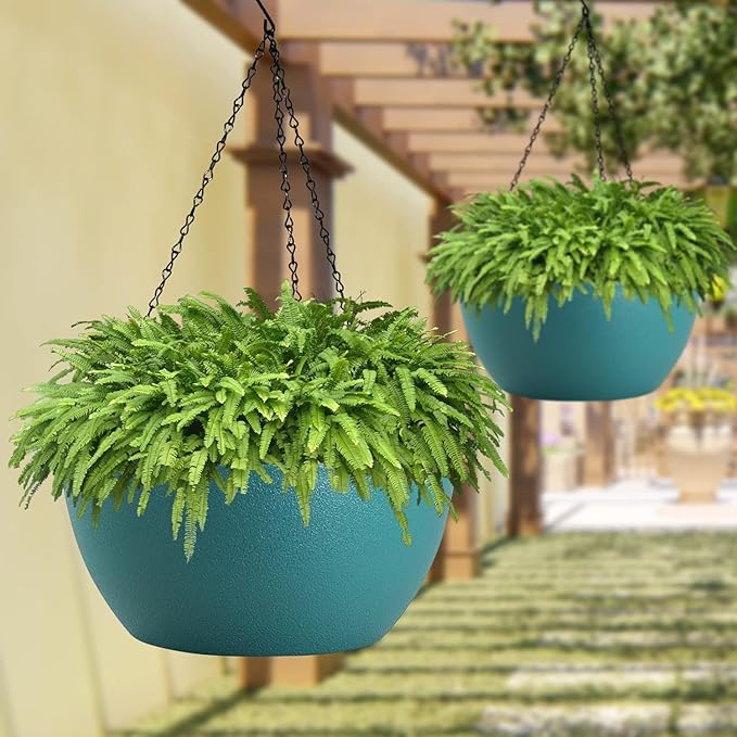 13 inch Large Hanging Planters Plant Pots for Outdoor Indoor Plants with Drainage Holes and Chain, 2 Pack Round Hanging Flower Pots for Garden Home Porch Decor, Blue Green