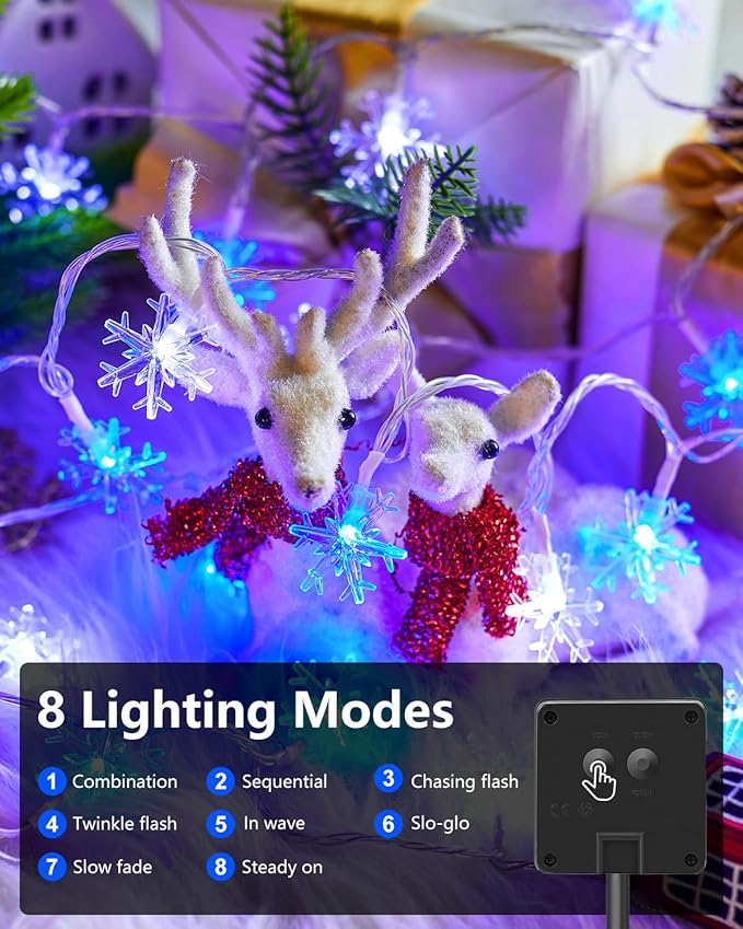 Brightown Solar Christmas Snowflake String Lights 100 LED 39 FT Outdoor Waterproof Fairy Lights with 8 Lighting Modes for Wedding, Party, Tree, Room, Garden, Patio, Yard, Home, Blue & White