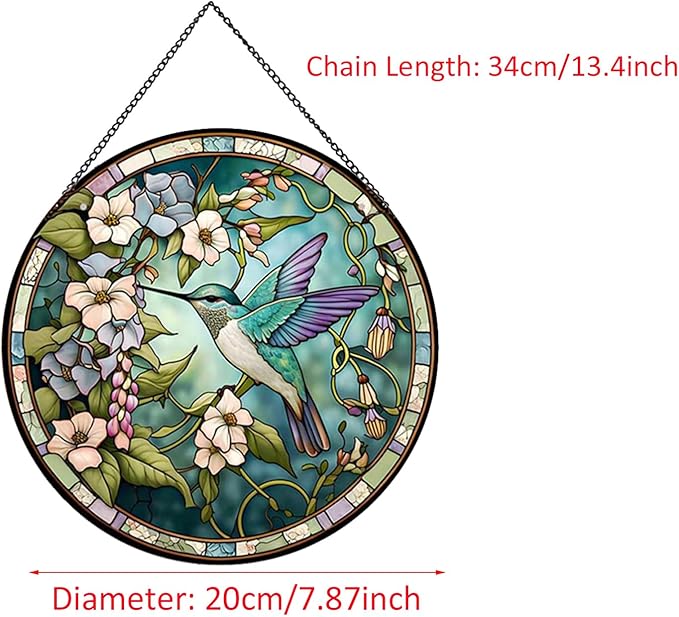 Hummingbirds and Flowers Pattern Stained Glass Suncatchers for Windows,Hanging Stained Glass Suncatcher,20cm/7.87inch Hand-Painted Sun Catcher Garden Painted Glass Panel Decor Themed Gift
