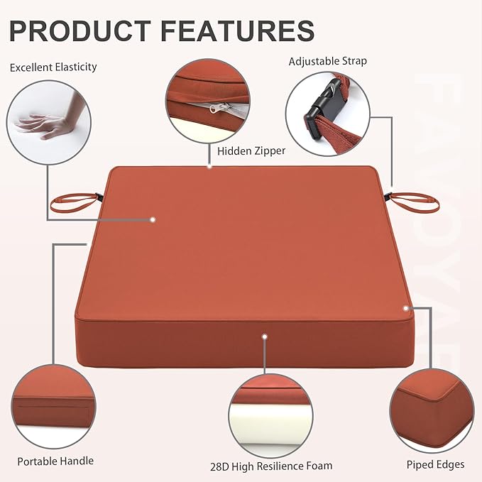 Favoyard Patio Chair Cushions 20 x 20 x 3 Inch Waterproof Outdoor Seat Cushions for Patio Furniture 3-Year Color Fastness Garden Sofa Couch Chair Pads with Handle & Adjustable Straps Set of 2, Spice