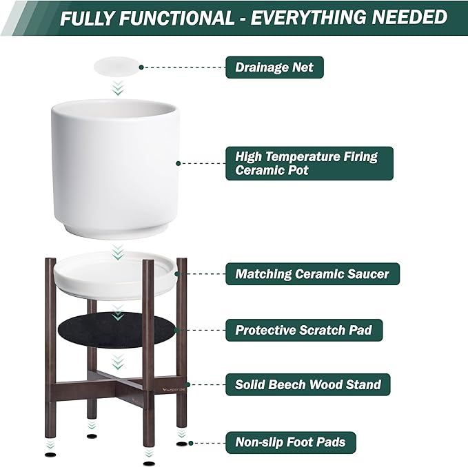 D'vine Dev Ceramic Planter with Walnut Color Stand - 10 Inch Modern Round Flower Pot with Wood Planter Holder, White, 55-B-X-1