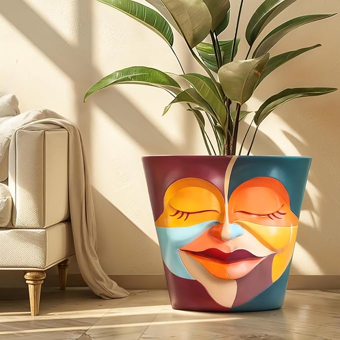GUGUGO 12 Inch Abstract Rainbow Face Flower Pot, Large Plant Pots with Drainage Holes, Unique Funny Head Planters for Indoor Plants, Cute Planter Gift, Eclectic Home Decor Aesthetic