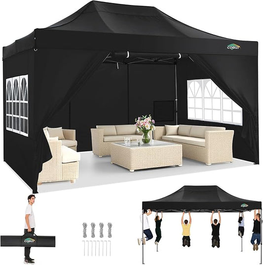 COBIZI 10x15 Pop up Canopy Tent Heavy Duty with 4 Sidewalls, Easy Set-up Commercial Outdoor Party Tent, 100% Waterproof Wedding Canopy Gazebo, 3 Height Adjustable with Handbag, Black