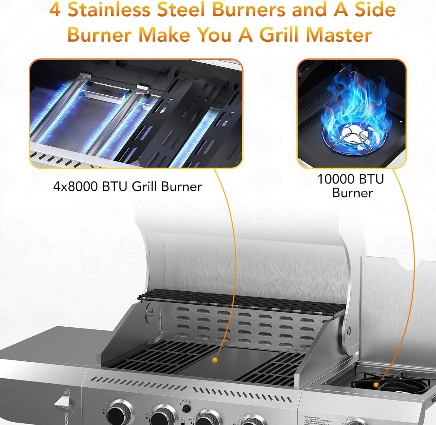 Gas Grill,Heavy-Duty Stainless Steel BBQ Grill,4 Burner Gas Grill with Side Burner,42000 BTU Propane Grill for Outdoor Cooking,Barbecue,Garden and Patio Backyard