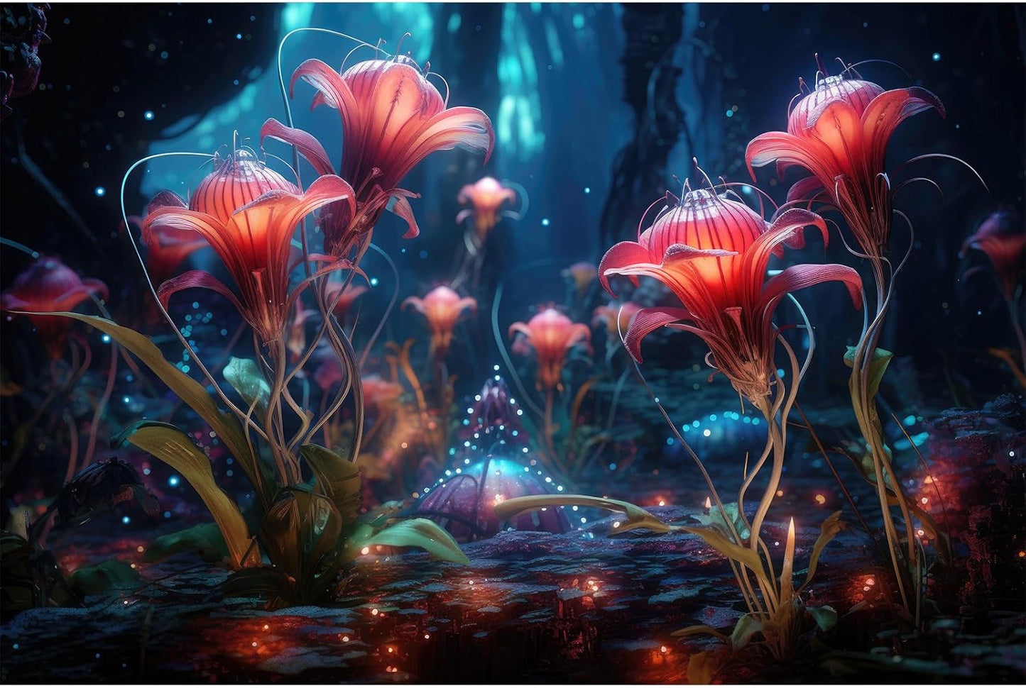 Aquarium Background Beautiful Red Translucent Flowers Terrarium Background Abstract Fantasy Plants Underwater World Tank Poster Glowing Flowers Foggy Forest Fish Tank Background Decors Vinyl 24x16in