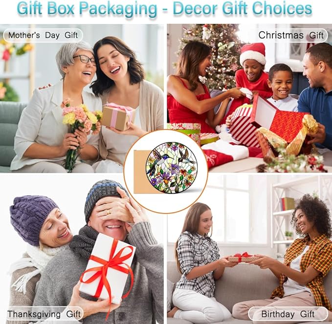 Hummingbird Suncatcher Stained Glass Window Hanging - Bird and Flowers Suncatchers for Windows - Sun Catchers Indoor Window Wall Art Home Decor Panel - Hummingbird Gifts for Women Men Mom Bird Lovers