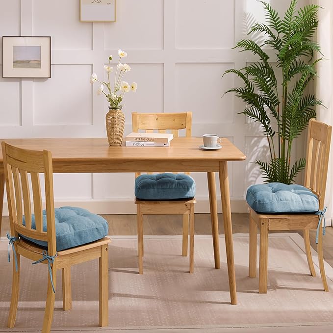 Chair Cushions for Dining Chairs, Dining Chair Cushions, Tufted Indoor Chair Pads with Ties & Non Slip Backing, Seat Cushions for Kitchen Chairs 16.5” x 16.5” x 3.5”, Set of 6, Light Blue