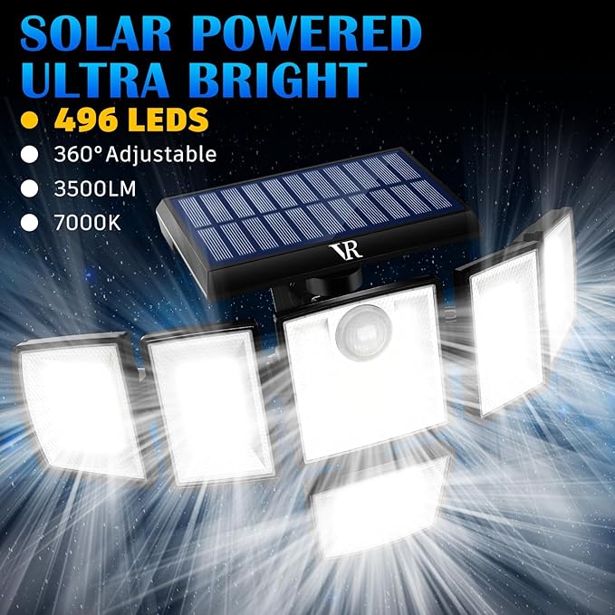 Solar Motion Sensor Flood Lights Outdoor - 496LEDs 3500LM 3 Lighting Modes 3 Levels Brightness, 6 Heads 360° Illumination, IP65 Solar Security Lights,for Porch Yard Patio Garage(2 Packs)