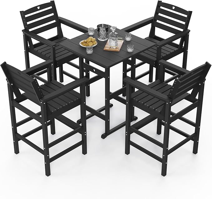 5-Piece Bar Height Outdoor Table and Chairs Set, HDPE Wood Grain Patio Bar Table and Chairs with Heart Cutout Design, Weather-Resistant Bar Height Furniture for Deck, Porch, Pool (Black)
