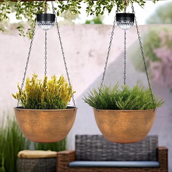 2 Packs Hanging Planters Basket for Outdoor Plants, Solar Powered Self Watering Bronze Round Plastic Flower Pots with Drainer for Balcony Patio Garden Outdoor Decoration
