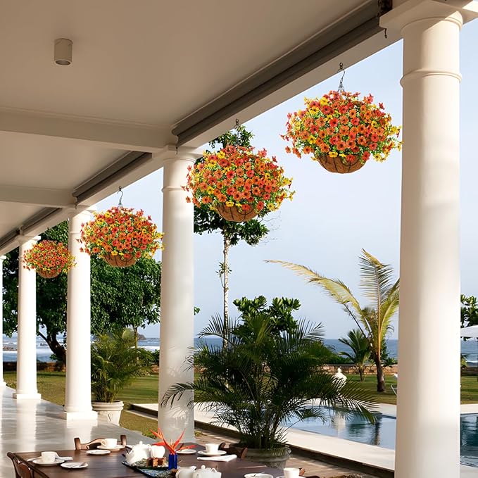 Artificial Faux Hanging Plants Flowers Basket for Spring Outdoor Decoration, Fake Silk Daisy in Planter Realistic UV Resistant Look Real for Porch Home Patio Balcony Yard(Red Orange Yellow)