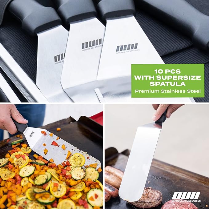 Griddle Accessories Kit for Blackstone and Camp Chef - 6 Pieces Griddle Spatula Set with 4x8 Inches Supersize Griddle Flipper, Turner, Metal Spatulas, Bottles & Hooks for Hibachi Grilling