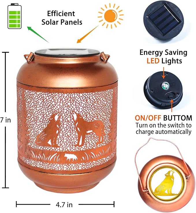 2 Pack Wolf Solar Lanterns Outdoor Waterproof Hanging Solar Lights Wolf Gifts for Women Men Mom Metal Decorative LED Outdoor Lanterns for Patio, Lawn, Landscape, Garden Decor, Yard Decorations