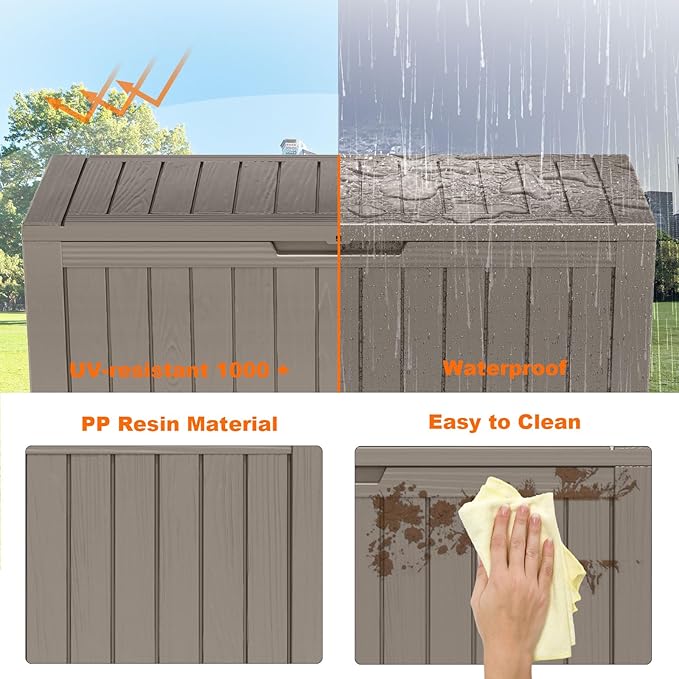 80 Gallon Resin Deck Box, Lockable Patio Outdoor Storage Box for Furniture, Garden Tools and Tools Storage, Waterproof Outside Storage Boxes - Grey