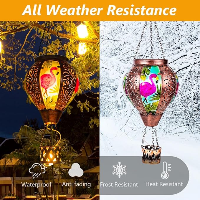 Flamingo Hot Air Balloon Solar Lanterns Outdoor Waterproof,Metal Garden Decor Solar Hot Air Balloon Lantern with Flame Flickering Lights for Patio,Porch,Yard Decor Mother Day Gifts for Women