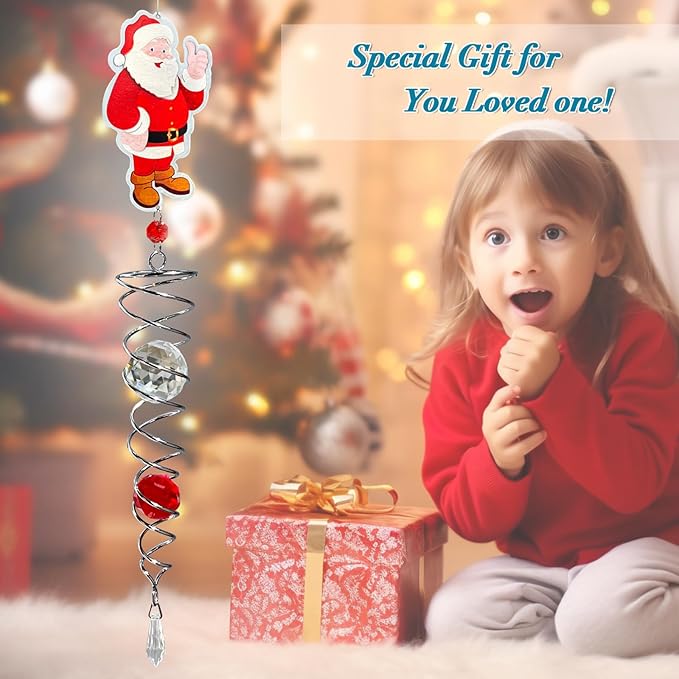 FONMY Santa Claus Gazing Ball Spiral Decorative Wind Spinner Sun Catcher Rainbow Maker Silver Spiral W/ K9 Crystal Ball Christmas Tree Hanging Ornament Indoor Outdoor Garden Decor. 22 in