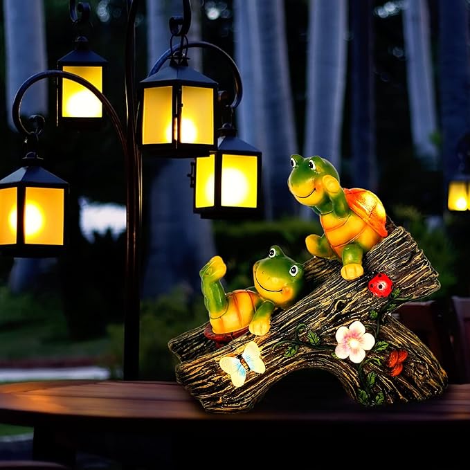 Garden Turtle Figurines Outdoor Decorations, Solar Statue Sweet Frog Face Turtles Decor with 4 LED Lights, Unique Garden Art Resin Statue Gifts for Patio Lawn Porch Yard