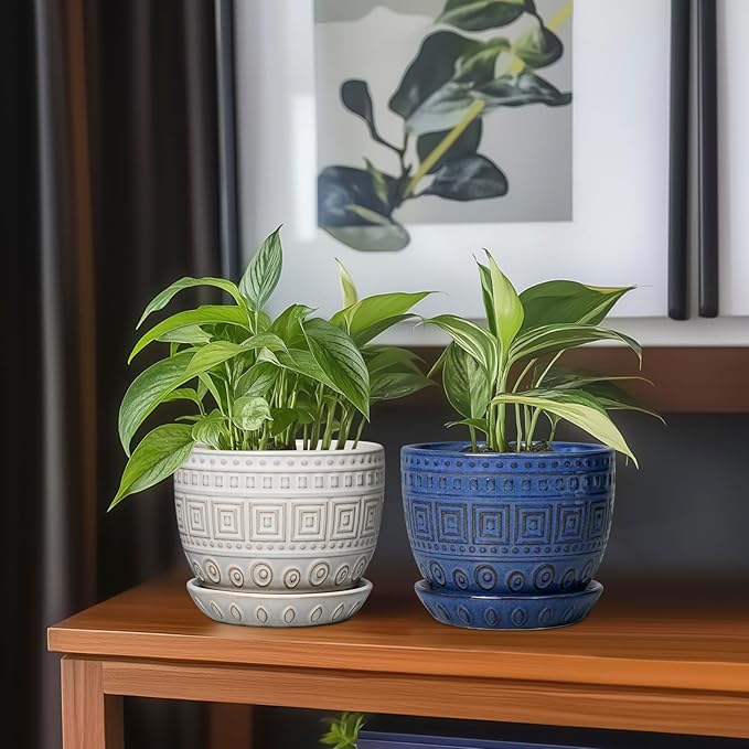 G EPGardening Plant Pots Indoor 5 Inch - Ceramic Pot for Plants with Drainage Hole and Saucer Round Planter Outdoor Modern Flower Pot Home Office Decor Blue