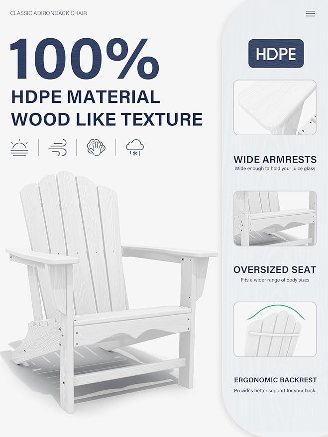 KINGYES HDPE Adirondack Chair Set of 2, Classic All-Weather Outdoor Patio Adirondack Chair, White