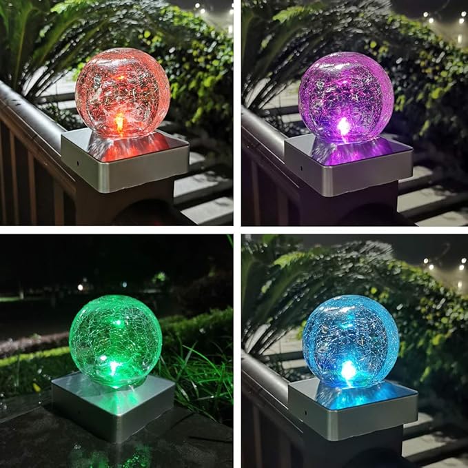 Solar Fence Post Cap Light, 4x4, Color Changing, Waterproof, Outdoor, Wooden or Vinyl Post, Garden Lights, Solar Powered, Crackle Glass Design