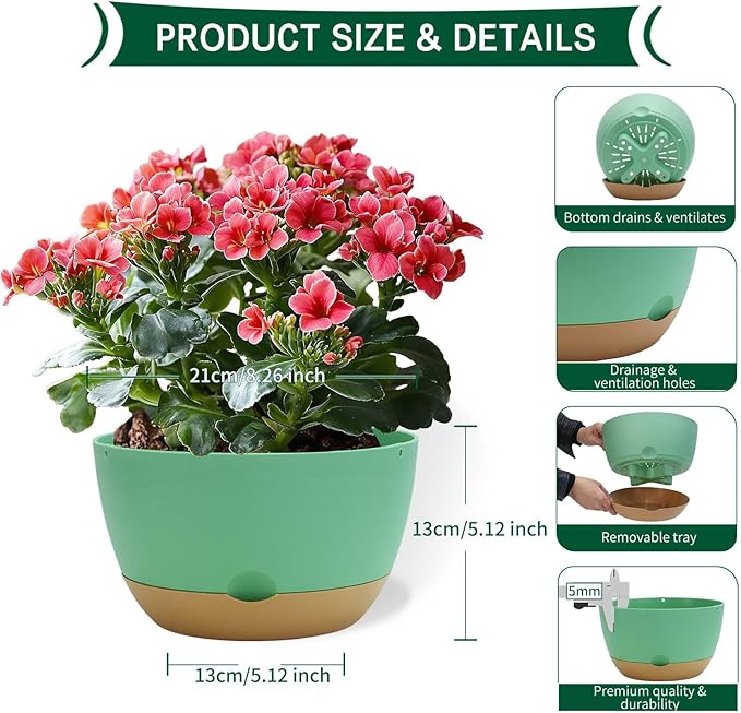8 Inch Pots for Indoor Plants, Self Watering Planters with Drainage and Saucers, Plastic Outdoor Flower Pot, Set of 2, Green