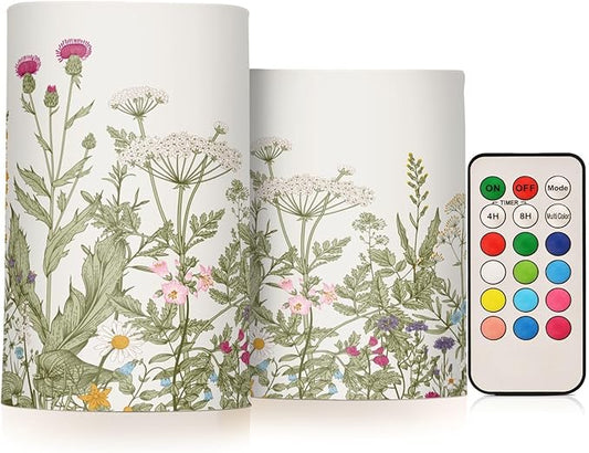 Flickering Flameless Candles, Flowers Herbs Wildflowers Botanical LED Candles with Remote Timer, Set of 2 Battery Operated Candle for Valentine Wedding Birthday