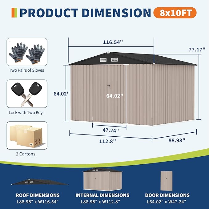 8x10 FT Metal Storage Sheds Outdoor with Floor, Metal Yard Sheds Garden Shed Kit, MetalTool Shed with Lockable Door, Metals UtilitySheds Buildings with Air Vent for Backyard Garden Patio Lawn