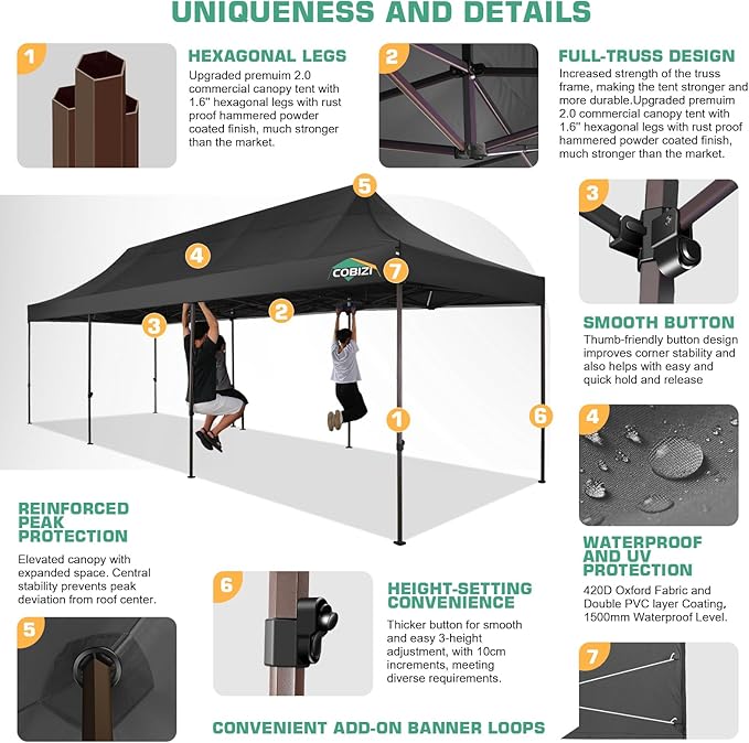 COBIZI 10x30 Pop Up Canopy Tent Heavy Duty with 8 Removable Sidewalls, Commercial Portable Tents for Parties Ez Up Canopy All-Weather Windproof & Waterproof and UPF 80+ Wedding Tent Sun Shelter