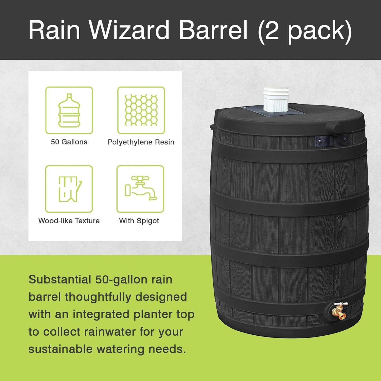 Good Ideas Rain Wizard 50 Gallon Plastic Outdoor Home Water Storage Tank Rain Barrel Collector with Brass Spigot and Flat Back Design, Black, 2 Pack