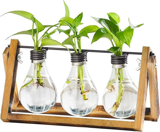 Marbrasse Plant Propagation Stations with Wooden Stand, Desktop Plant Terrarium Holder Bulb Vase, Glass Vase Container with Metal Swivel Holder for Hydroponics of Home Garden Office Decor Lover Gifts