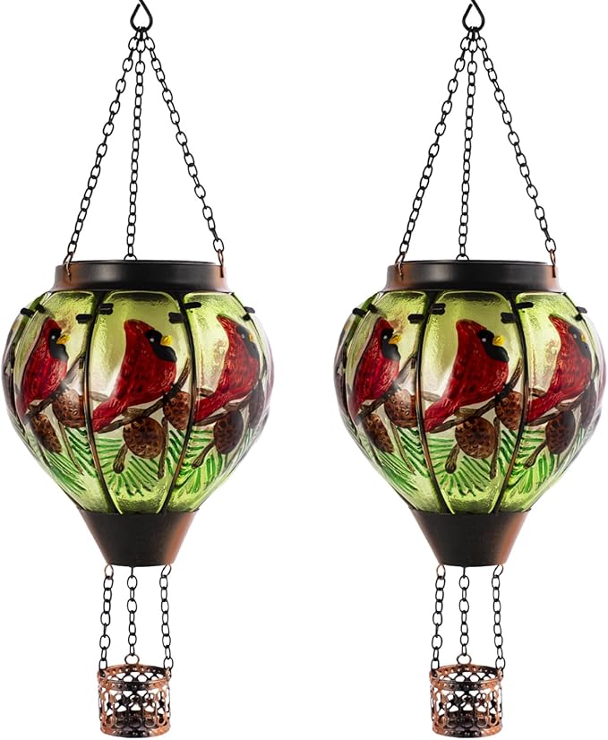 2 PCS Cardinal Solar Hot Air Balloon Lantern with Flame, Glass Balloon Lantern Outdoor Waterproof, Hanging Hot Air Balloon Solar Light, Cardinal Gifts for Mom Woman