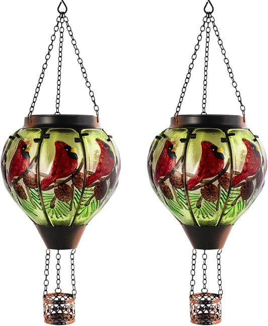 2 PCS Cardinal Solar Hot Air Balloon Lantern with Flame, Glass Balloon Lantern Outdoor Waterproof, Hanging Hot Air Balloon Solar Light, Cardinal Gifts for Mom Woman
