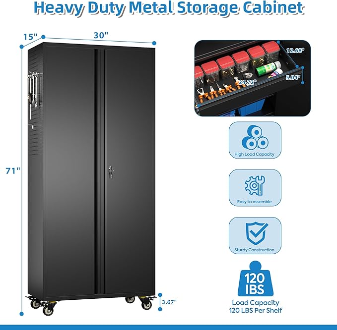 Metal Garage Cabinet with Wheels,71''H Rolling Lockable Steel Tool Cabinet with Pegboard & 1 Drawer for Garage,Home,Office Assembly Required,Black/Red