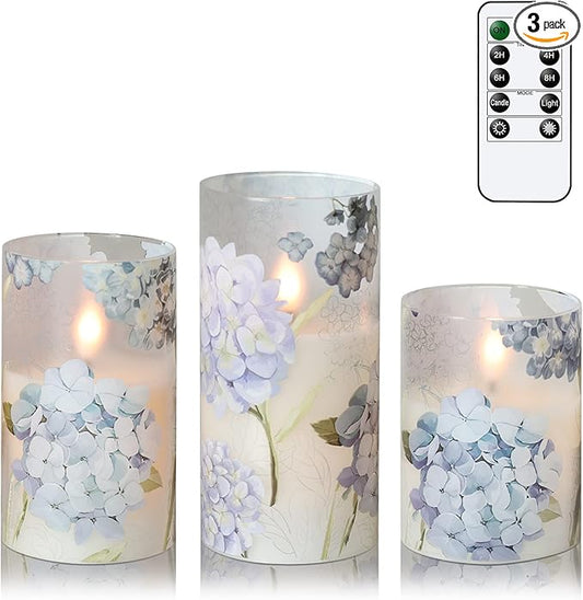 Hydrangea Flameless Candles Flickering, Spring LED Battery Operated Candles with Remote Timer, Glass and Real Wax Pillar Candles for Garden Home Decor(Set of 3, D3 xH4 5" 6")