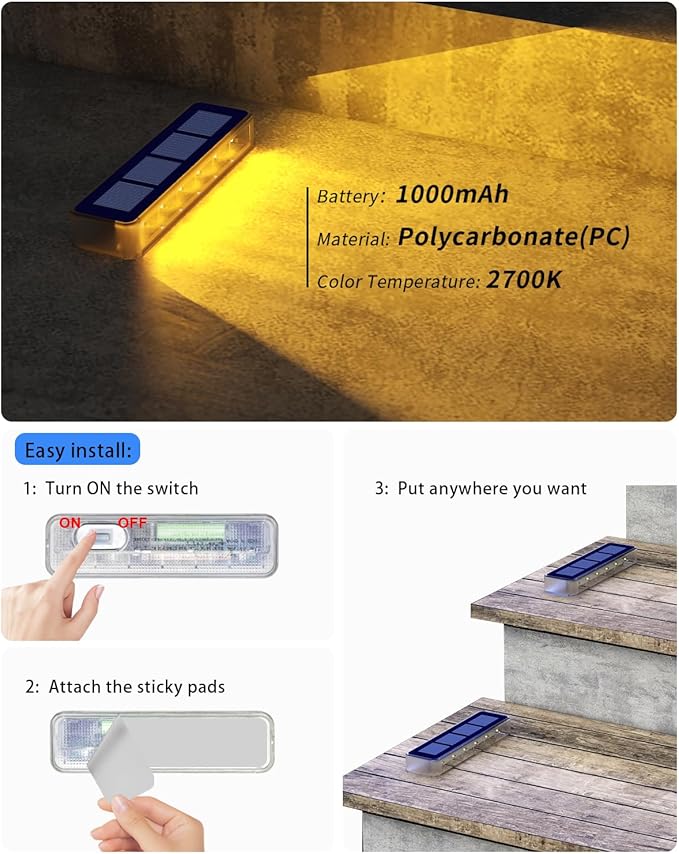 Solar Step Lights for Outside,4 Pack Solar Stair Lights Outdoor Waterproof,Warm White Deck Light Solar Powered Waterproof for Steps,Stairs,Walkway,Sidewalk,Patio,Pathway