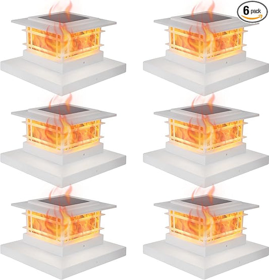 Dynaming 6 Pack Solar Flame Post Lights Outdoor, Solar Powered Fence Post White Shell Cap Light, High Brightness Flickering Flame LED LiVinyl/Wooden Postseck Patio, Fit 4x4 5x5 6x6 Vinyl/Wooden Posts