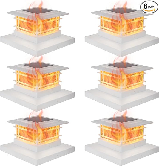 Dynaming 6 Pack Solar Flame Post Lights Outdoor, Solar Powered Fence Post White Shell Cap Light, High Brightness Flickering Flame LED LiVinyl/Wooden Postseck Patio, Fit 4x4 5x5 6x6 Vinyl/Wooden Posts